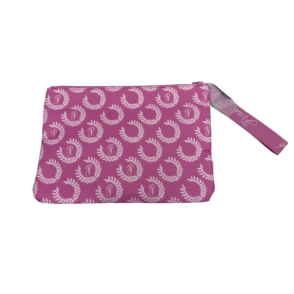 NWT VS Pink Cosmetic Pouch Bag Pink White Laurel Monogram Zipper Clutch